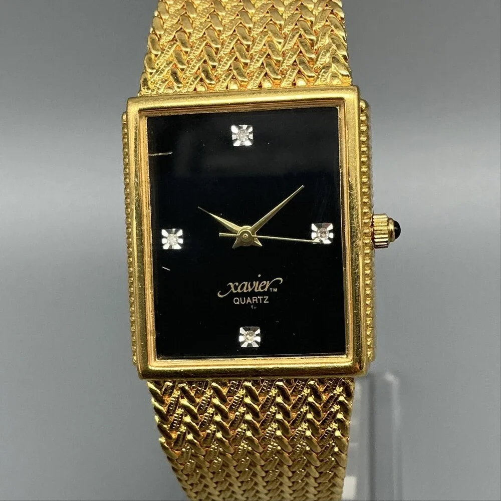 Xavier Womens Watch 25mm Black Dial Gold Tone Bracelet Gem Markers New Battery